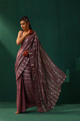 Truebrowns Mauve Cotton Silver Lurex Striped Pre-Stitched Saree